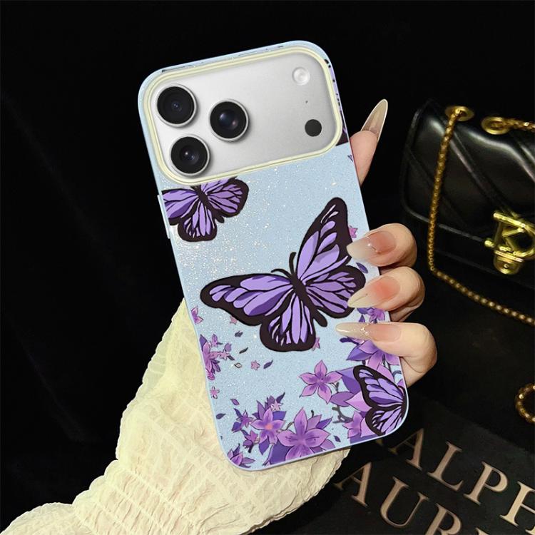 For iPhone 17 Pro Purple Butterflies Pattern IMD Glitter PC Hybrid TPU Phone Case(Blue)