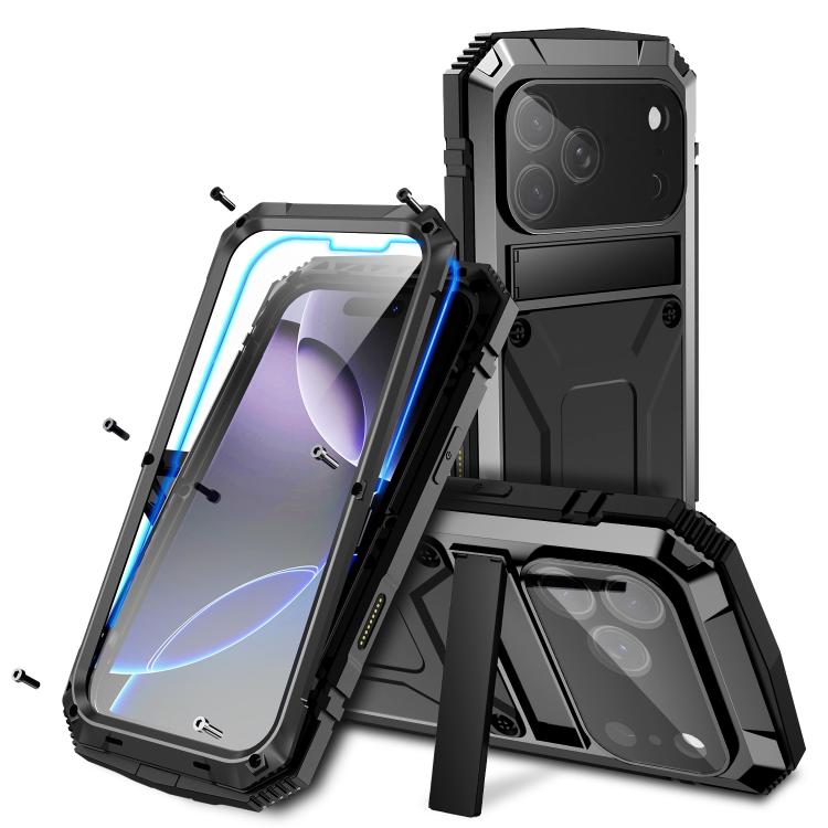 For iPhone 17 Pro R-JUST Metal + Silicone + Tempered Glass Life Waterproof Phone Case with Holder(Black)