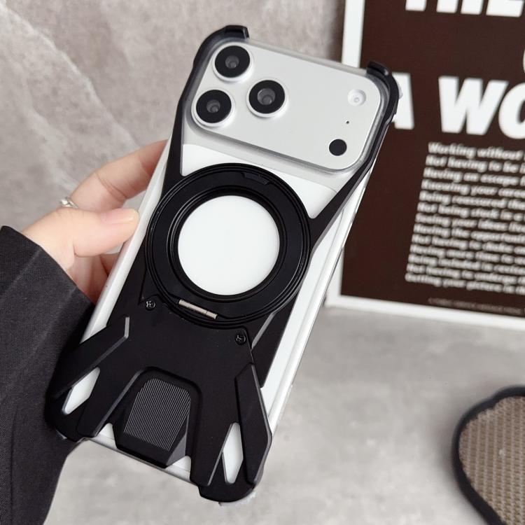 For iPhone 17 Pro Racing Car Metal Frameless 360 Rotation Holder Magnetic Phone Case(Black)