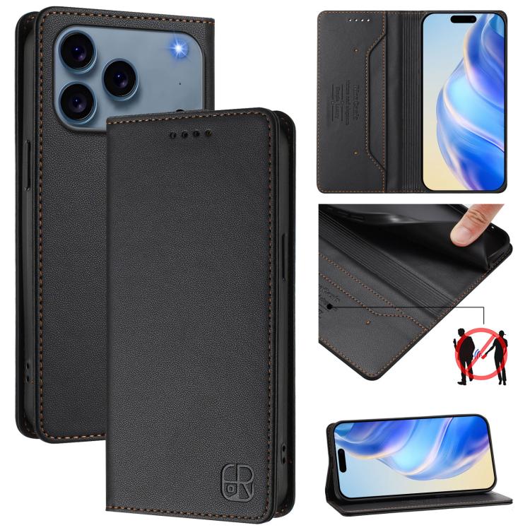 For iPhone 17 Pro RC01 Dual-Folded Magnetic Suction RFID Leather Phone Case(Black)