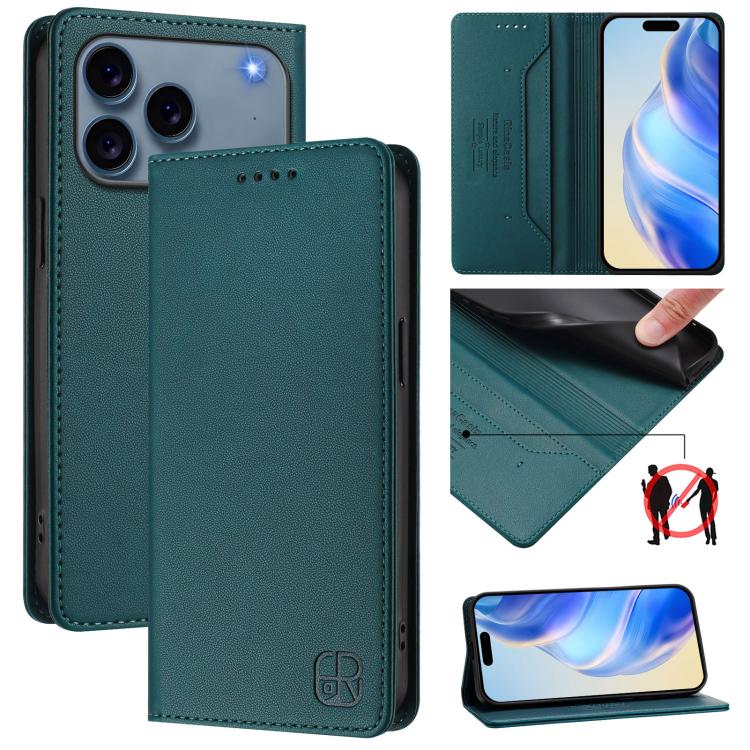For iPhone 17 Pro RC01 Dual-Folded Magnetic Suction RFID Leather Phone Case(Dark Green)
