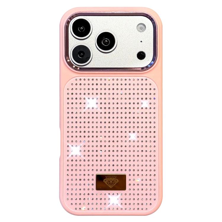 For iPhone 17 Pro Resin Rhinestones Metal Emblem TPU + PC Shockproof Phone Case(Pink)