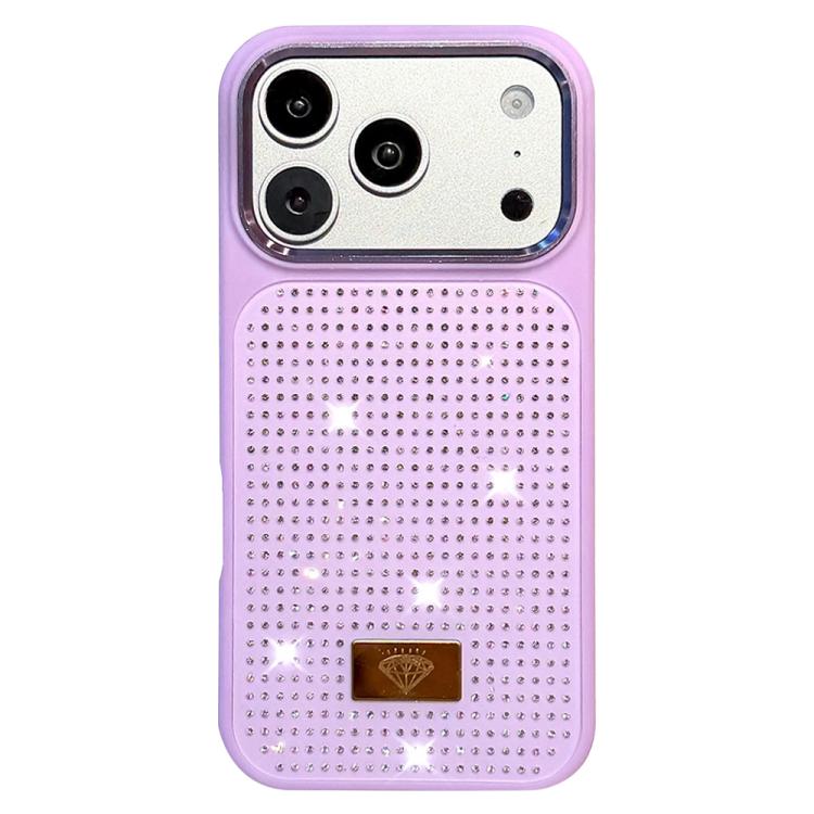 For iPhone 17 Pro Resin Rhinestones Metal Emblem TPU + PC Shockproof Phone Case(Purple)