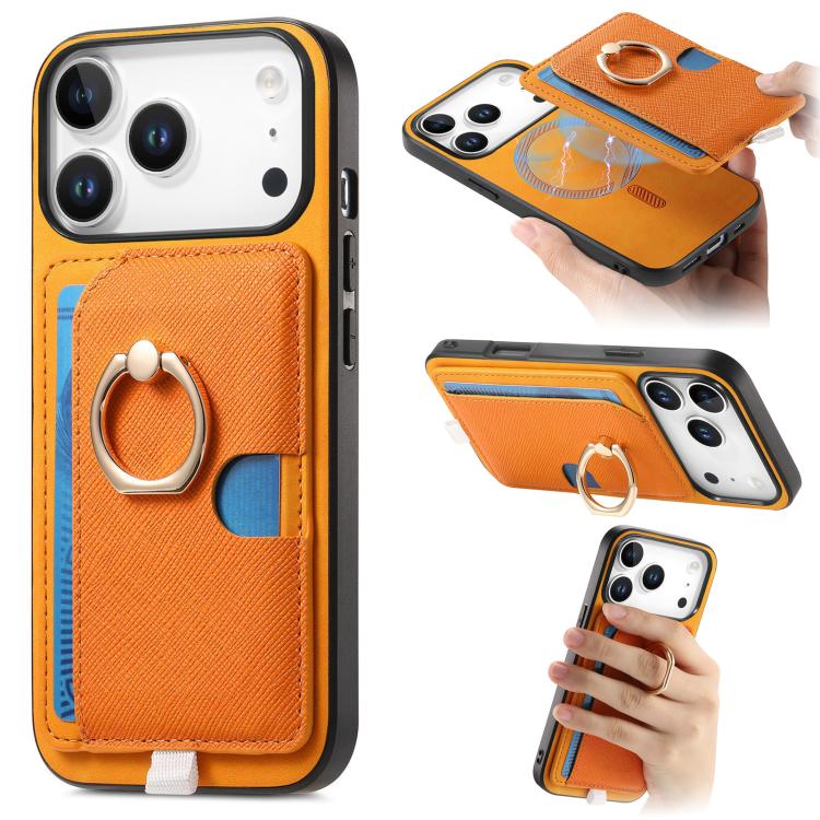 For iPhone 17 Pro Retro Cross Leather Ring Side Insert Card Bag MagSafe Phone Case(Yellow)
