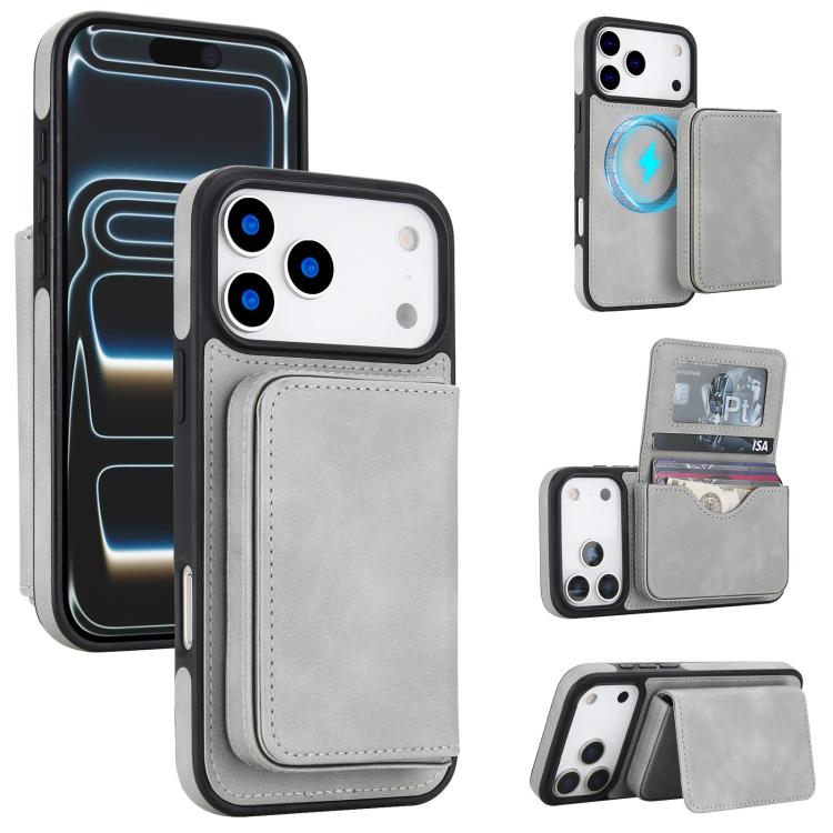 For iPhone 17 Pro Retro Faux Leather Detachable Magnetic Wallet Bag RFID Blocking Phone Case(Gray)