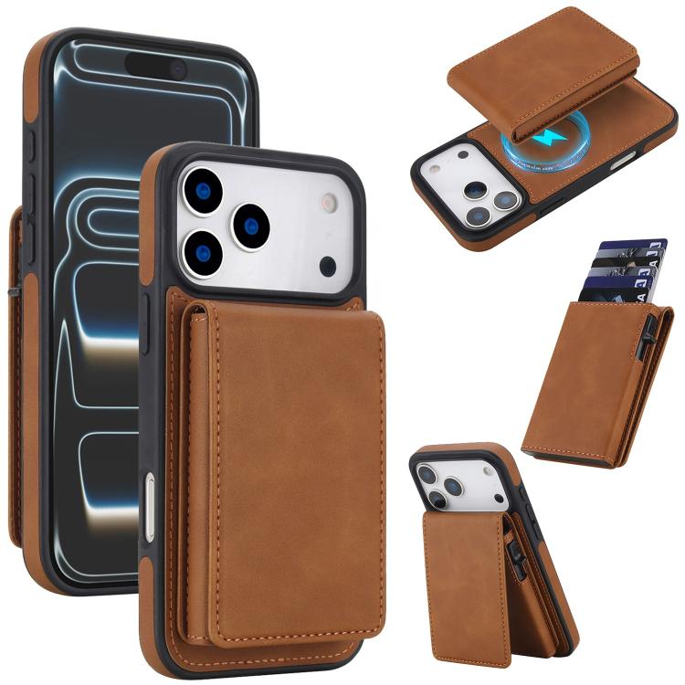 For iPhone 17 Pro Retro Faux Leather Detachable Spring Loaded Card Bag Magnetic RFID Phone Case(Brown)