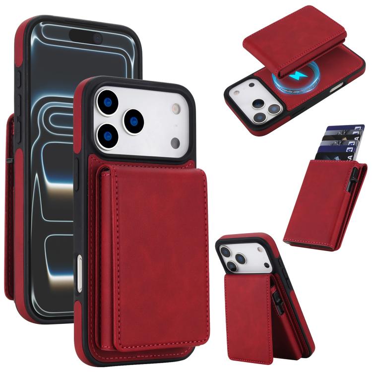 For iPhone 17 Pro Retro Faux Leather Detachable Spring Loaded Card Bag Magnetic RFID Phone Case(Red)