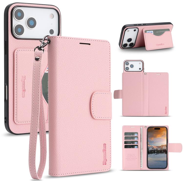 For iPhone 17 Pro Retro Litchi Texture Vegan Leather Magnetic Wallet Phone Case with Wrist Strap(Pink)