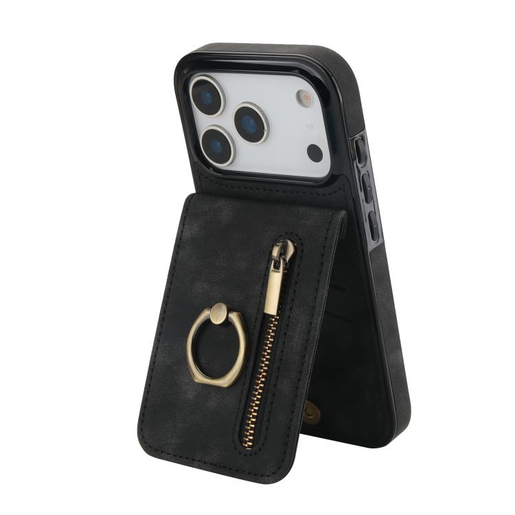 For iPhone 17 Pro Retro Ring and Zipper RFID Card Slot Phone Case(Black)