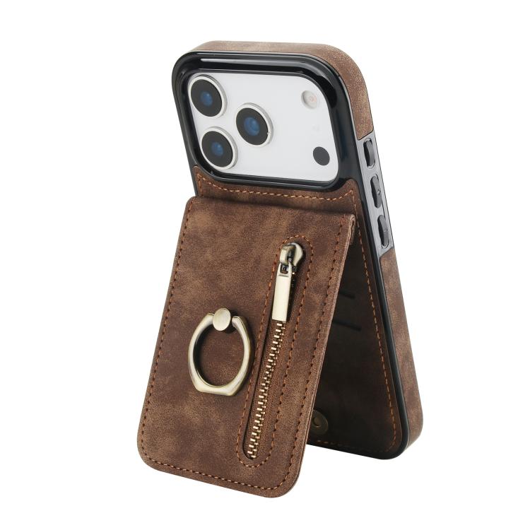 For iPhone 17 Pro Retro Ring and Zipper RFID Card Slot Phone Case(Brown)