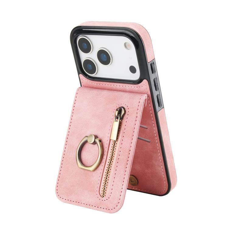 For iPhone 17 Pro Retro Ring and Zipper RFID Card Slot Phone Case(Pink)