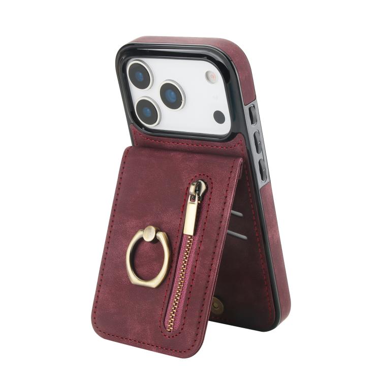 For iPhone 17 Pro Retro Ring and Zipper RFID Card Slot Phone Case(Wine Red)