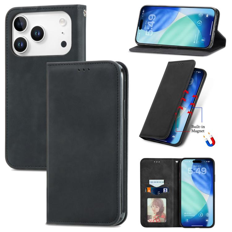 For iPhone 17 Pro Retro Skin Feel Magnetic Flip Leather Phone Case(Black)