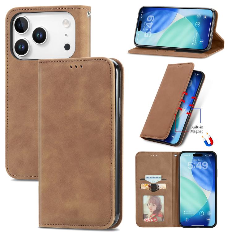 For iPhone 17 Pro Retro Skin Feel Magnetic Flip Leather Phone Case(Brown)