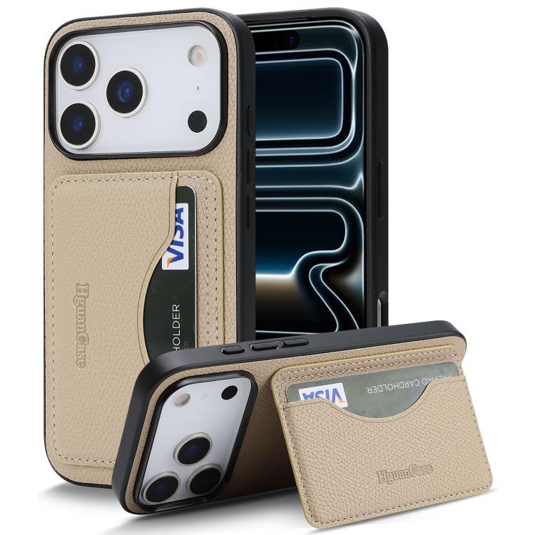For iPhone 17 Pro Retro Vegan Leather Magnetic Card Holder Back Phone Case(Beige)