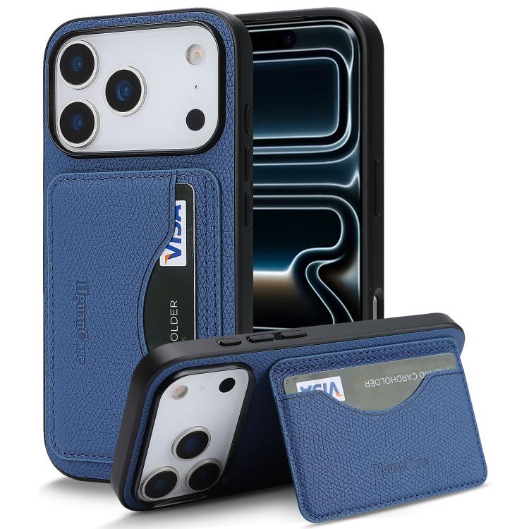 For iPhone 17 Pro Retro Vegan Leather Magnetic Card Holder Back Phone Case(Blue)