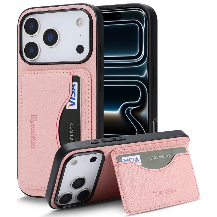 For iPhone 17 Pro Retro Vegan Leather Magnetic Card Holder Back Phone Case(Pink)