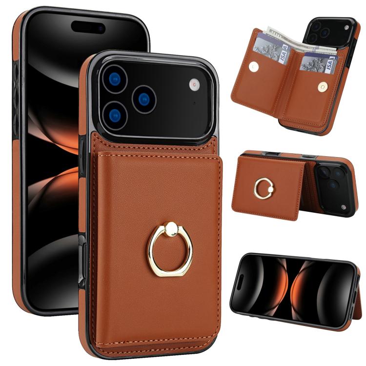 For iPhone 17 Pro RFID Anti-theft Card Ring Holder Phone Case(Brown)