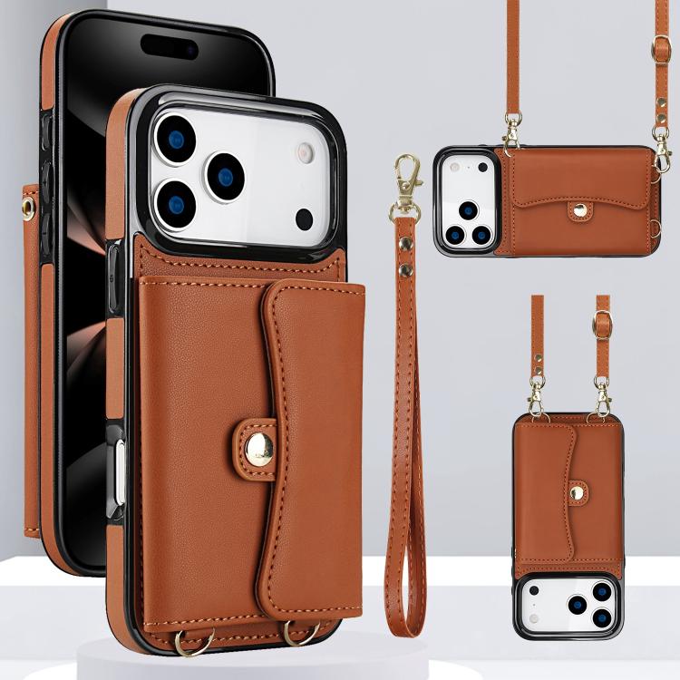 For iPhone 17 Pro RFID Card Slot Phone Case with Long Lanyard(Brown)
