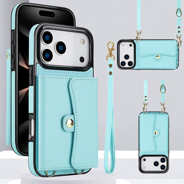For iPhone 17 Pro RFID Card Slot Phone Case with Long Lanyard(Mint Green)