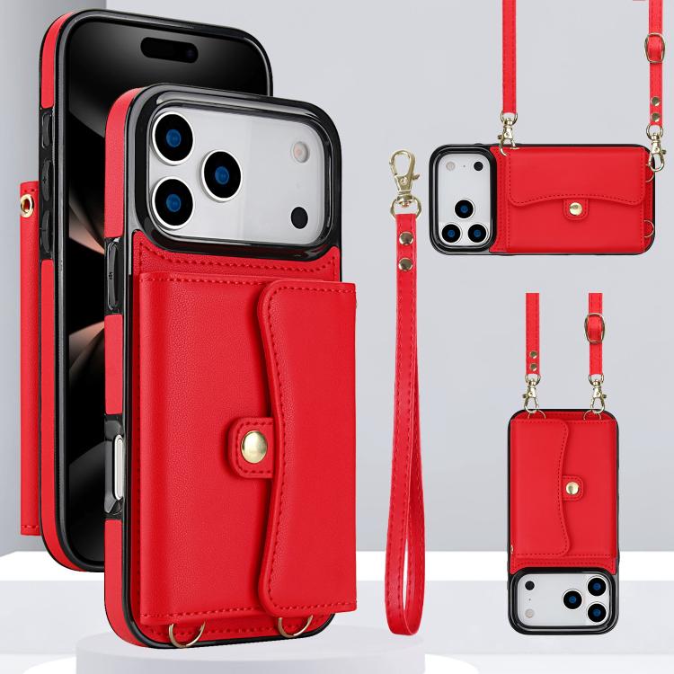 For iPhone 17 Pro RFID Card Slot Phone Case with Long Lanyard(Red)