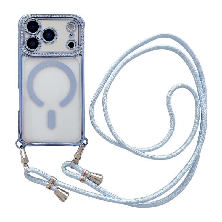 For iPhone 17 Pro Rhinestone Clear Acrylic Electroplated Magnetic Phone Case with Neck Lanyard(Blue)