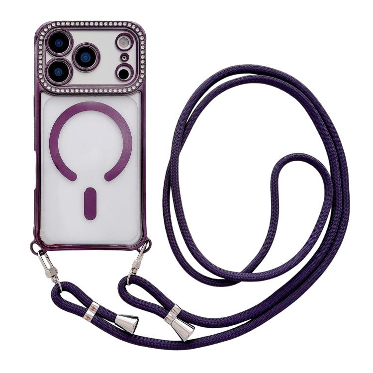 For iPhone 17 Pro Rhinestone Clear Acrylic Electroplated Magnetic Phone Case with Neck Lanyard(Purple)