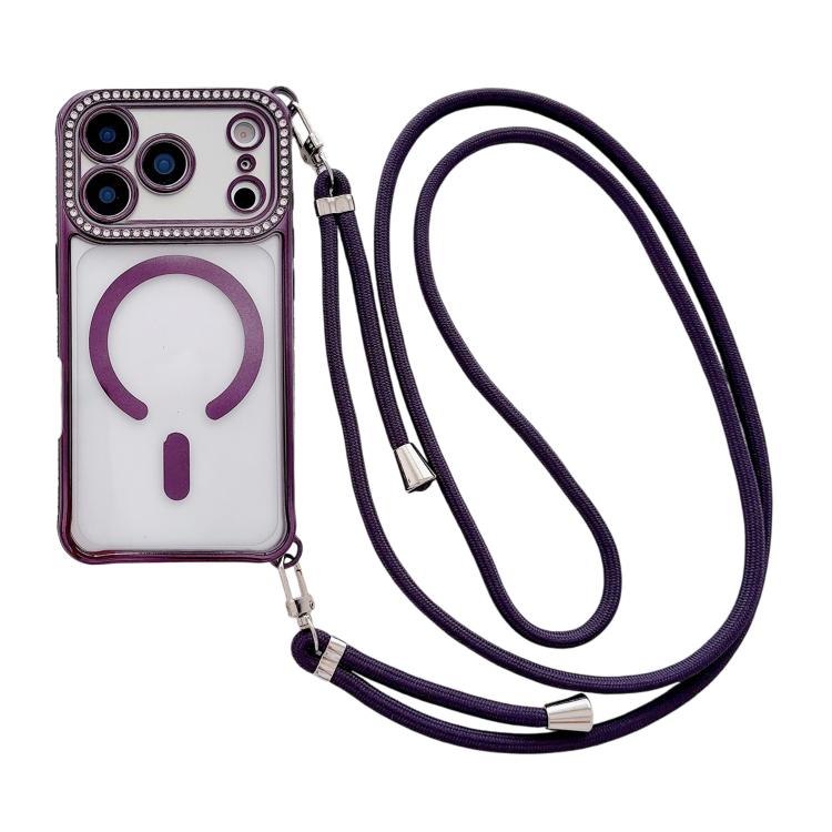 For iPhone 17 Pro Rhinestone Clear Acrylic Electroplated Magnetic Phone Case with Right-Side Crossbody Lanyard(Purple)