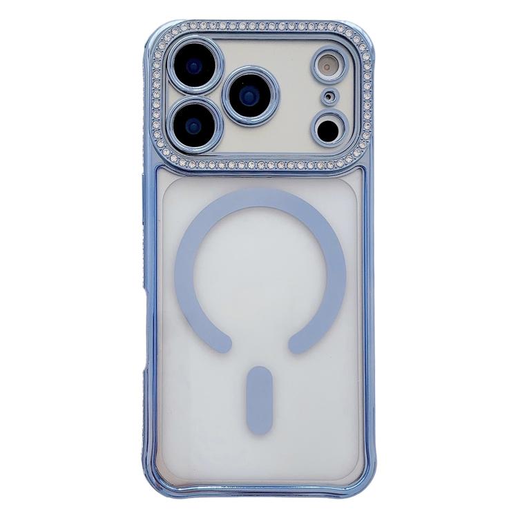 For iPhone 17 Pro Rhinestone Clear Acrylic Electroplated Magnetic Phone Case(Blue)
