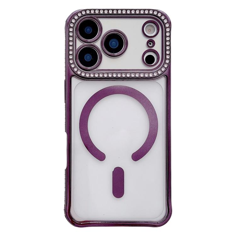 For iPhone 17 Pro Rhinestone Clear Acrylic Electroplated Magnetic Phone Case(Purple)