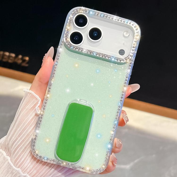 For iPhone 17 Pro Rhinestone Glitter TPU 4-corners Anti-fall Phone Case with Holder(Light Green)