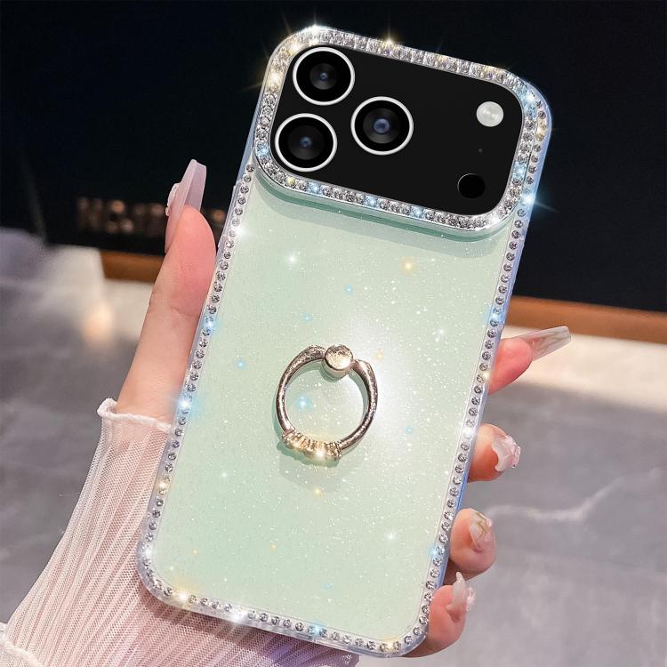 For iPhone 17 Pro Rhinestone Glitter TPU Ring Holder Anti-fall Phone Case(Light Green)