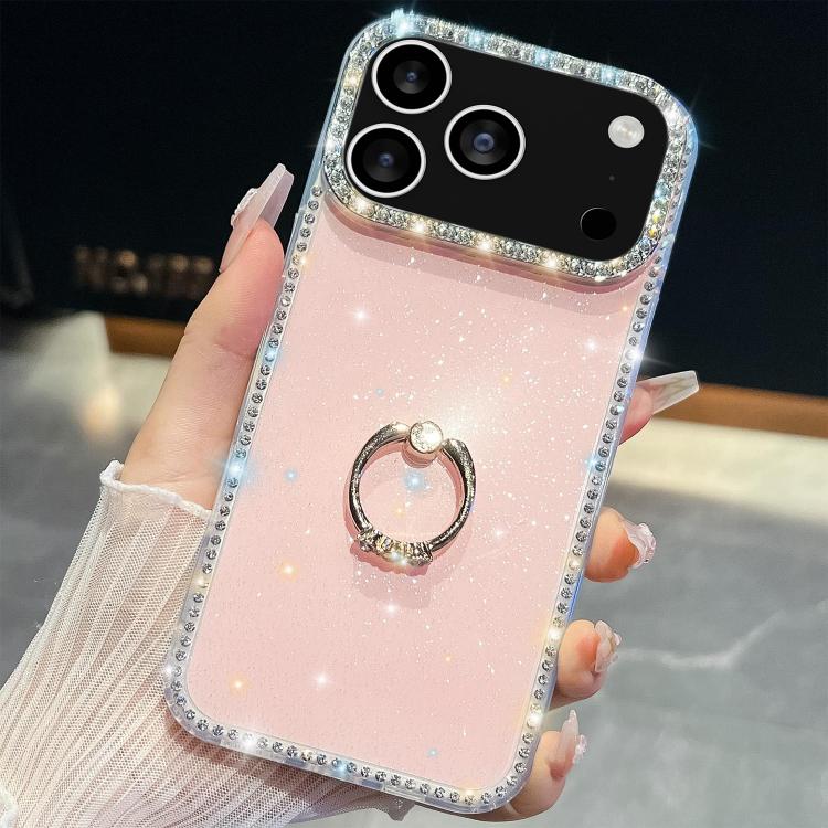 For iPhone 17 Pro Rhinestone Glitter TPU Ring Holder Anti-fall Phone Case(Light Pink)
