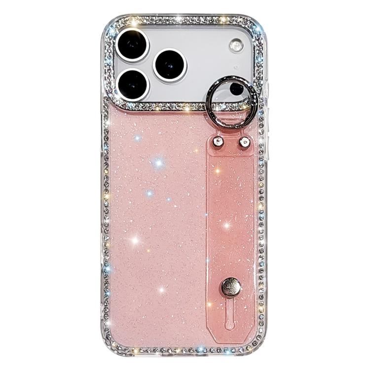 For iPhone 17 Pro Rhinestone Glitter Wristband Holder Phone Case(Glitter Light Pink)