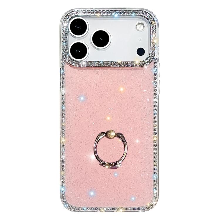 For iPhone 17 Pro Rhinestone Ring Holder Dual-side IMD PC Hybrid TPU Phone Case(Glitter Light Pink)