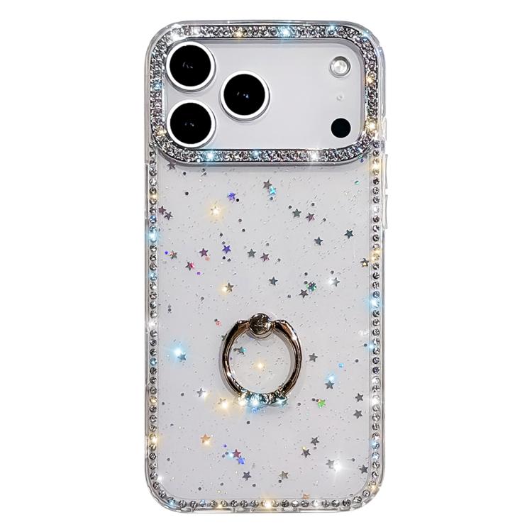 For iPhone 17 Pro Rhinestone Ring Holder Dual-side IMD PC Hybrid TPU Phone Case(Glitter Stars)