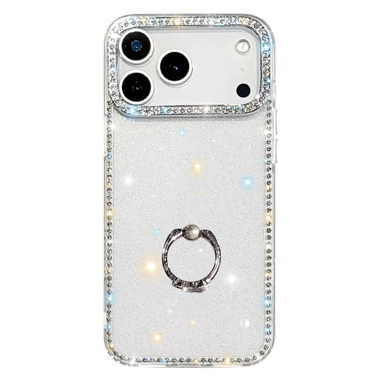 For iPhone 17 Pro Rhinestone Ring Holder Dual-side IMD PC Hybrid TPU Phone Case(Glitter Transparent)