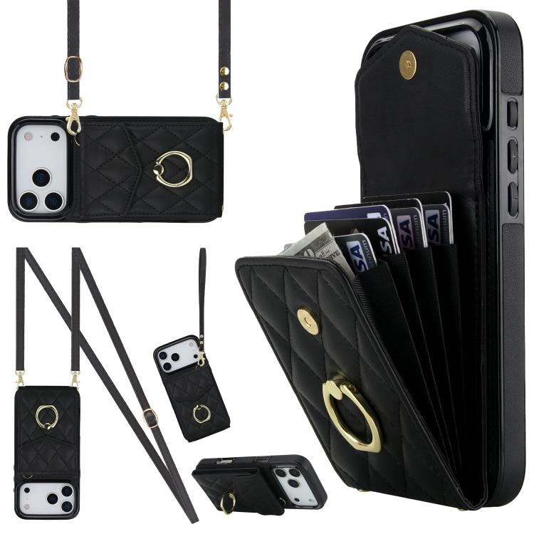 For iPhone 17 Pro Rhombic Texture Card Bag Phone Case with Long Lanyard(Black)