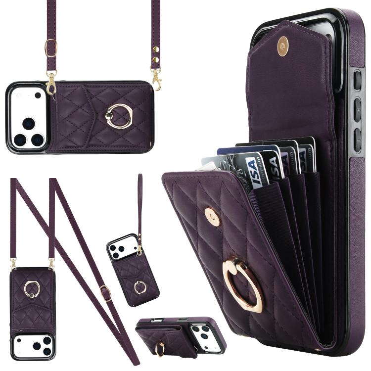 For iPhone 17 Pro Rhombic Texture Card Bag Phone Case with Long Lanyard(Dark Purple)
