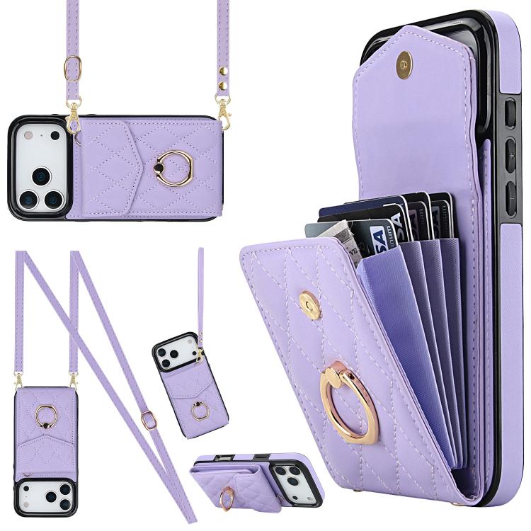 For iPhone 17 Pro Rhombic Texture Card Bag Phone Case with Long Lanyard(Light Purple)