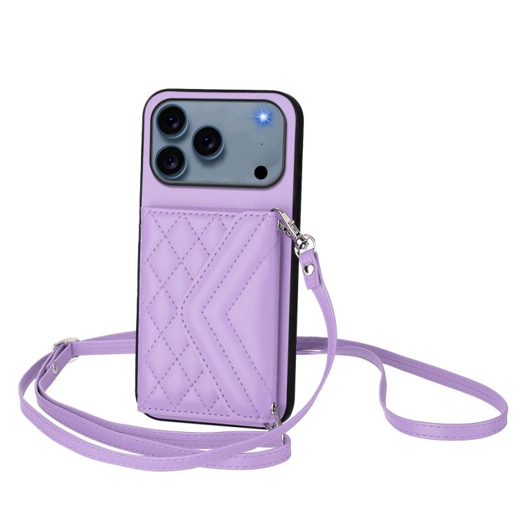 For iPhone 17 Pro Rhombic Texture Card Bag RFID Phone Case with Long Lanyard(Light Purple)