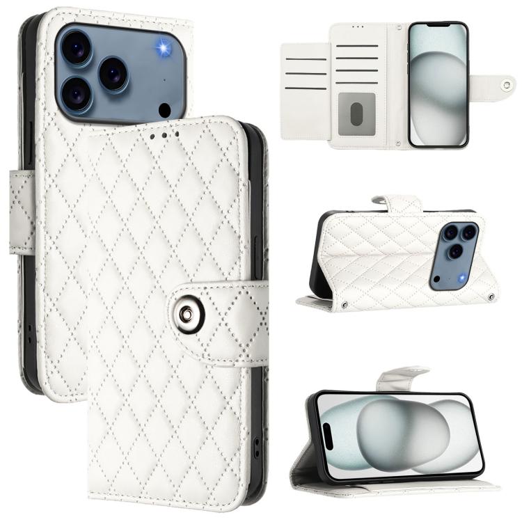 For iPhone 17 Pro Rhombic Texture Flip Leather Phone Case with Lanyard(White)