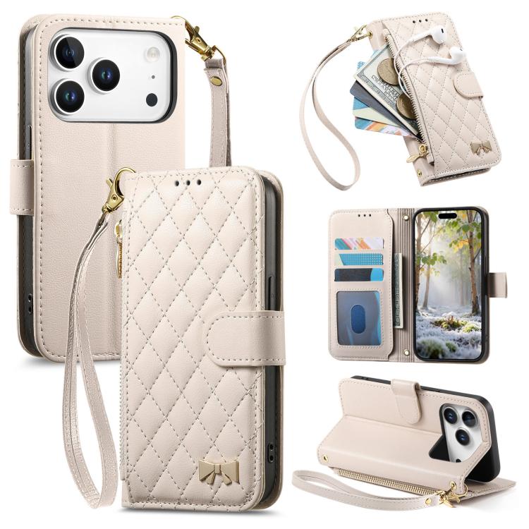 For iPhone 17 Pro Rhombic Texture Zipper Wallet Metal Bow-knot Vegan Leather Phone Case with Strap(Beige)