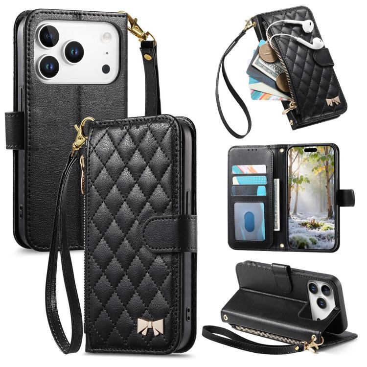 For iPhone 17 Pro Rhombic Texture Zipper Wallet Metal Bow-knot Vegan Leather Phone Case with Strap(Black)