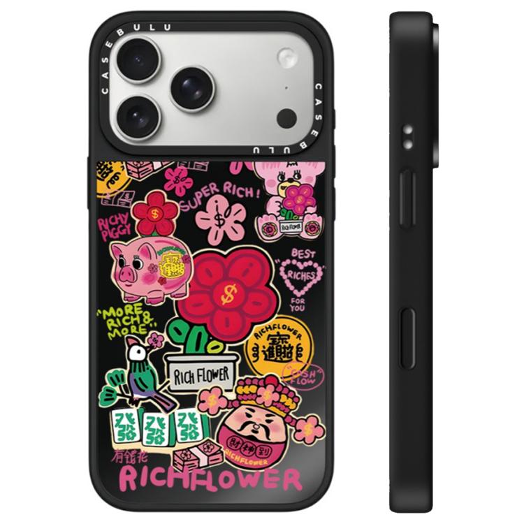 For iPhone 17 Pro Rich Flower Series Pattern Camera Control Button Mirror Phone Case(God of Wealth Black)