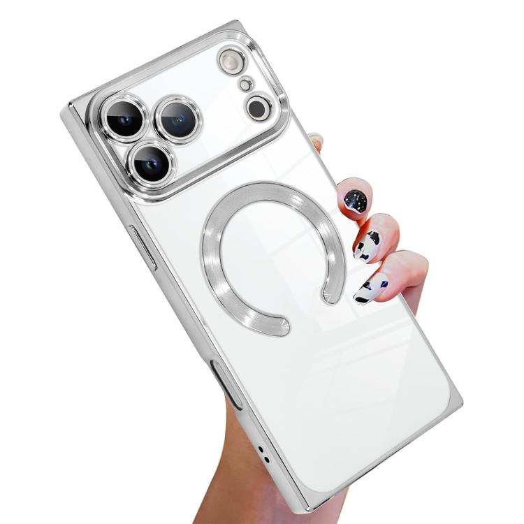 For iPhone 17 Pro Right Angle Square Electroplated CD Pattern TPU MagSafe Phone Case(Silver)
