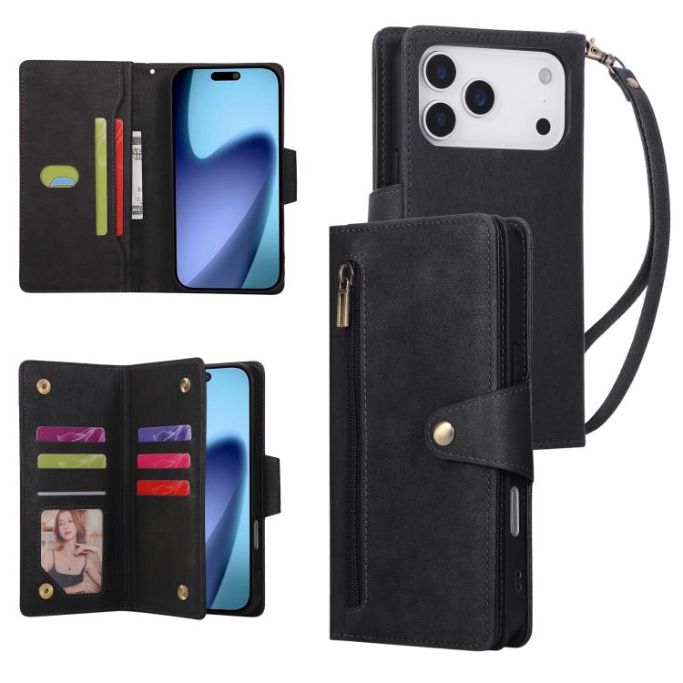 For iPhone 17 Pro Rivet Buckle 9 Cards Three Fold Leather Phone Case(Black)