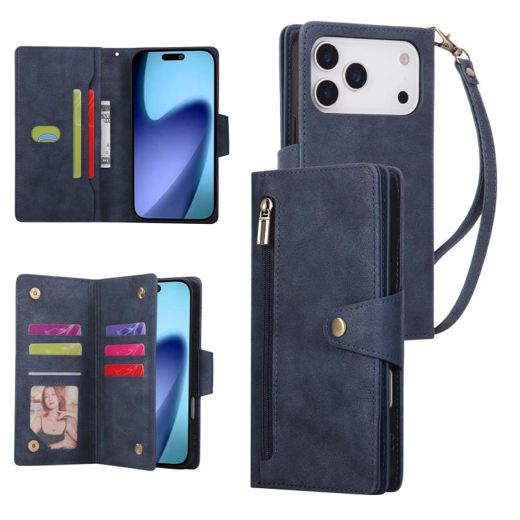 For iPhone 17 Pro Rivet Buckle 9 Cards Three Fold Leather Phone Case(Blue)