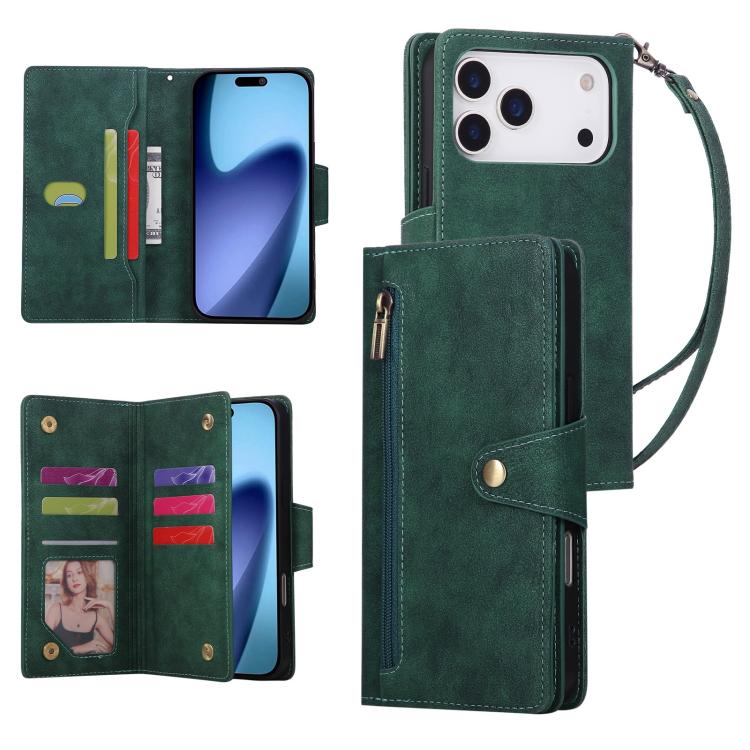 For iPhone 17 Pro Rivet Buckle 9 Cards Three Fold Leather Phone Case(Green)