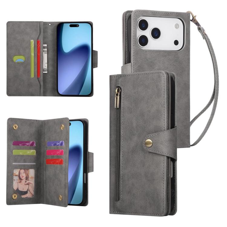 For iPhone 17 Pro Rivet Buckle 9 Cards Three Fold Leather Phone Case(Grey)